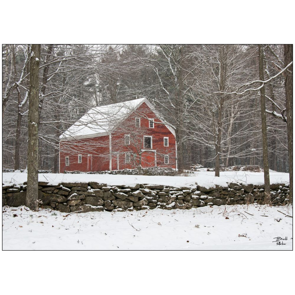 Red Barn and Rock Wall in Winter Snow - bp0072 - Photograph Print Poster Picture Landscape Wall Decor Photography Art Artist Images Camera