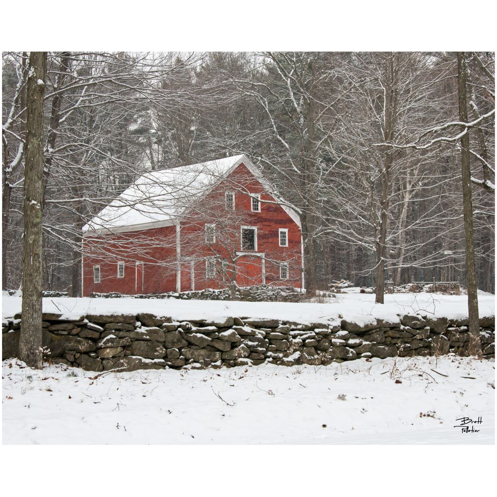 Red Barn and Rock Wall in Winter Snow - bp0072 - Photograph Print Poster Picture Landscape Wall Decor Photography Art Artist Images Camera