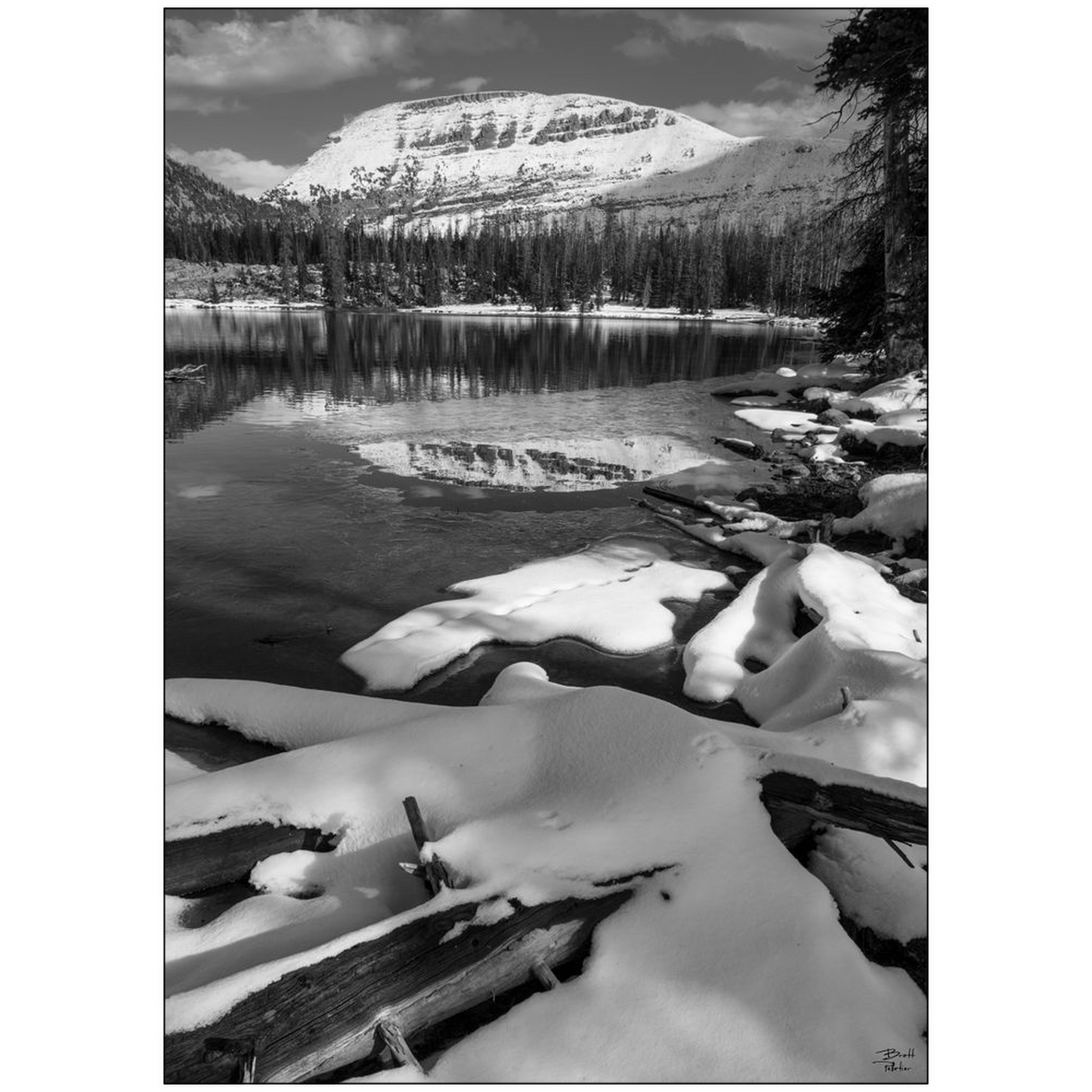 Bald Mountain Snow and Dancing Light Reflection - Uinta Mountains, Utah - bp0197bw - Photograph Print Poster Picture Photography Images