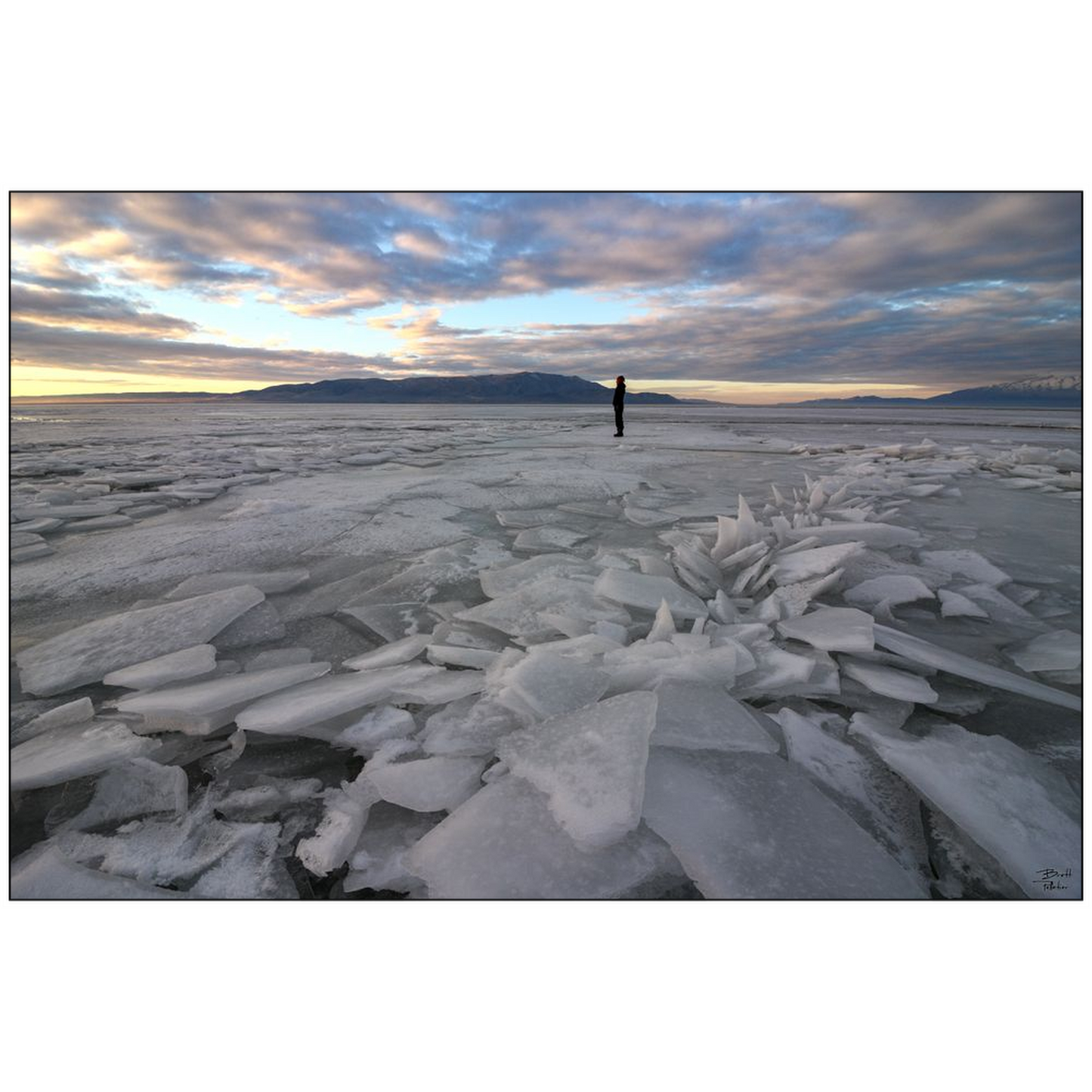 Ice Sheets Sunset and Hiker - Utah Lake - bp0171 - Photograph Print Poster Picture Photography Landscape Artist Art Images