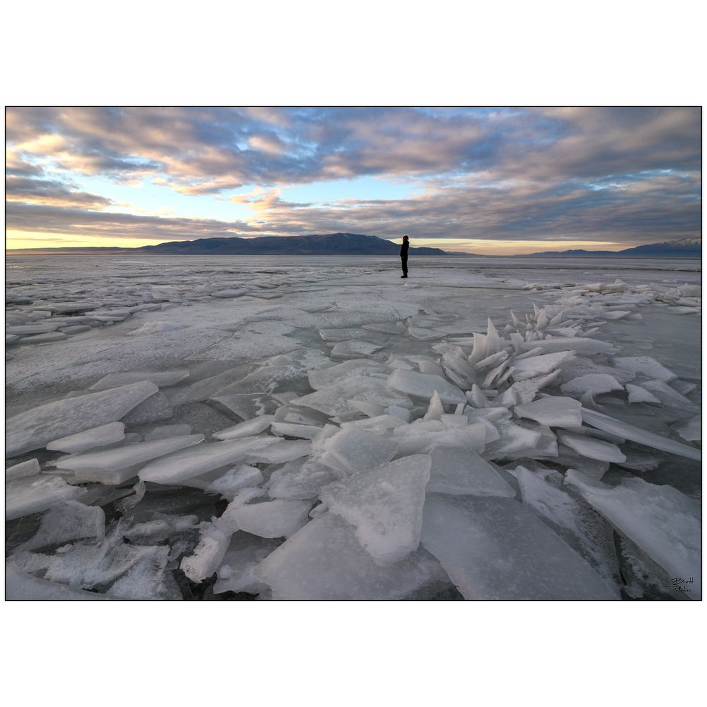 Ice Sheets Sunset and Hiker - Utah Lake - bp0171 - Photograph Print Poster Picture Photography Landscape Artist Art Images