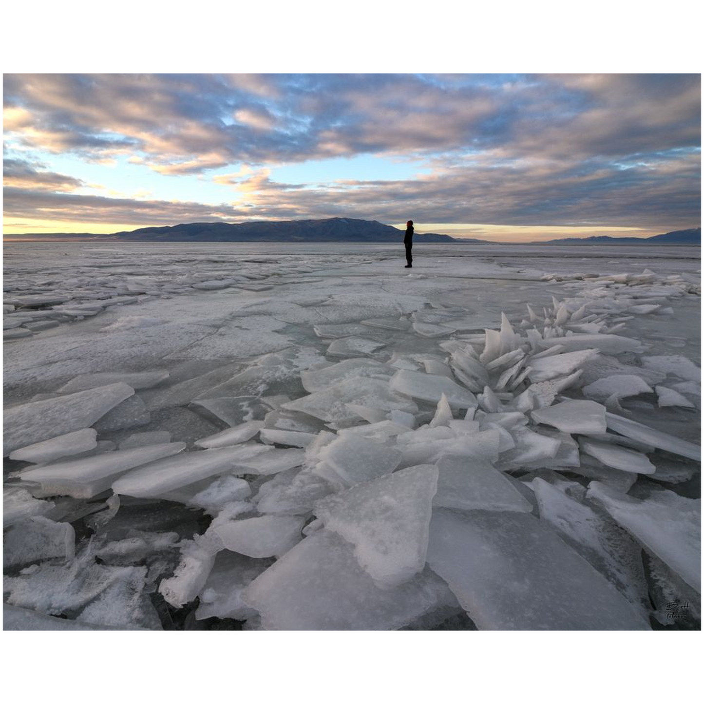 Ice Sheets Sunset and Hiker - Utah Lake - bp0171 - Photograph Print Poster Picture Photography Landscape Artist Art Images