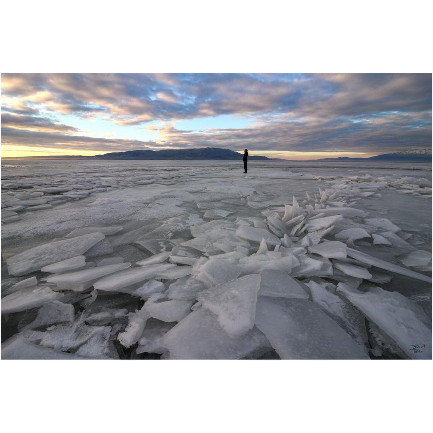 Ice Sheets Sunset and Hiker - Utah Lake - bp0171 - Photograph Print Poster Picture Photography Landscape Artist Art Images