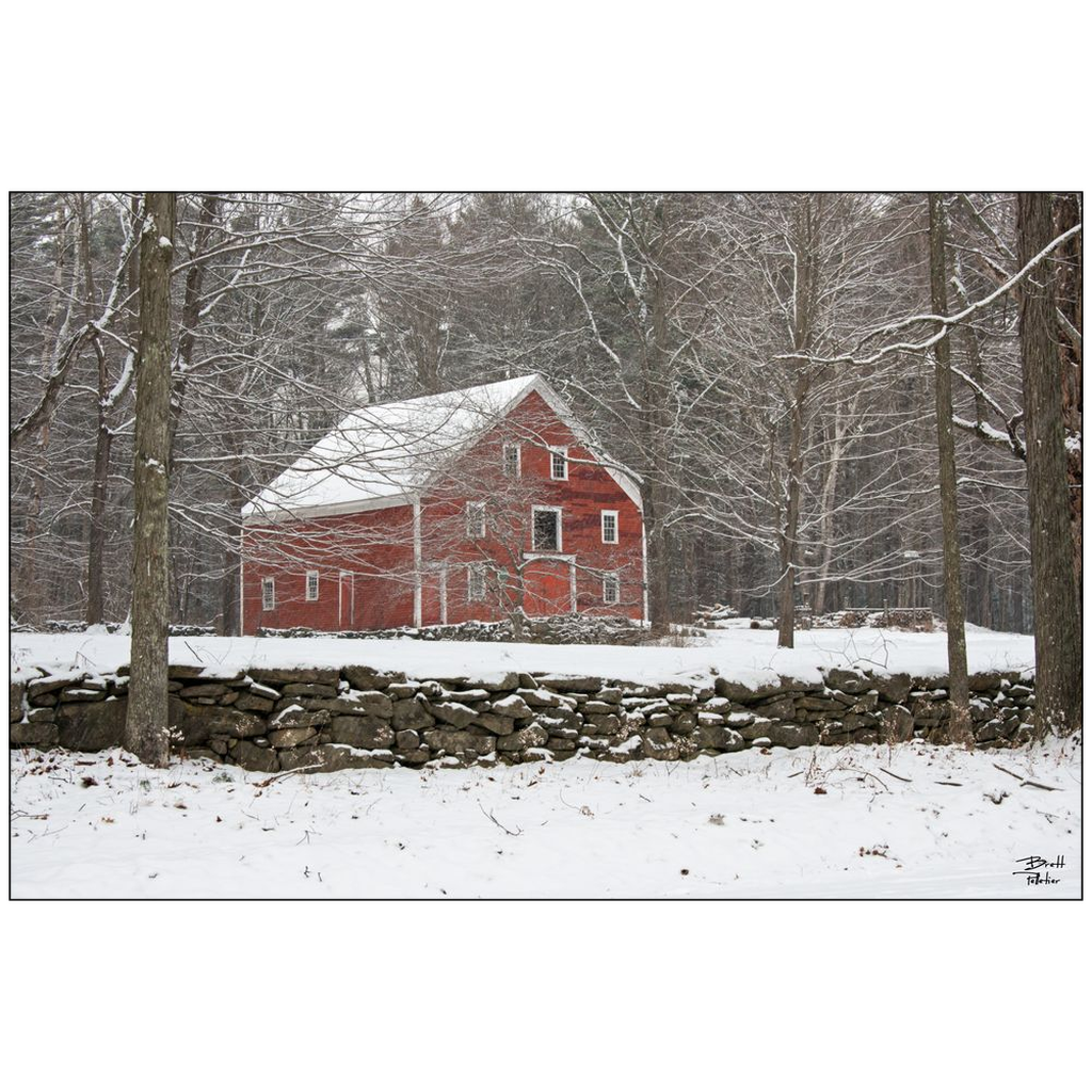 Red Barn and Rock Wall in Winter Snow - bp0072 - Photograph Print Poster Picture Landscape Wall Decor Photography Art Artist Images Camera