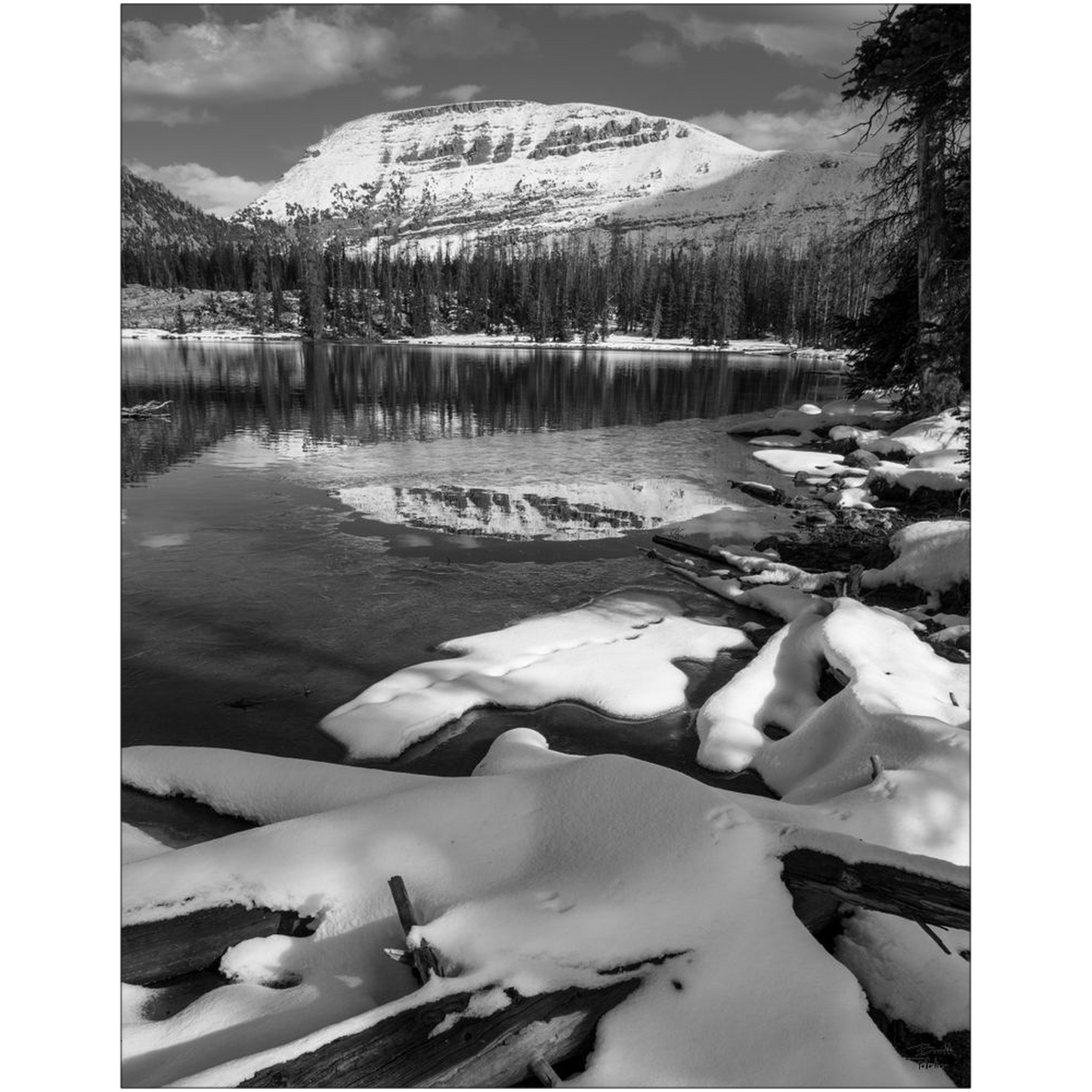 Bald Mountain Snow and Dancing Light Reflection - Uinta Mountains, Utah - bp0197bw - Photograph Print Poster Picture Photography Images