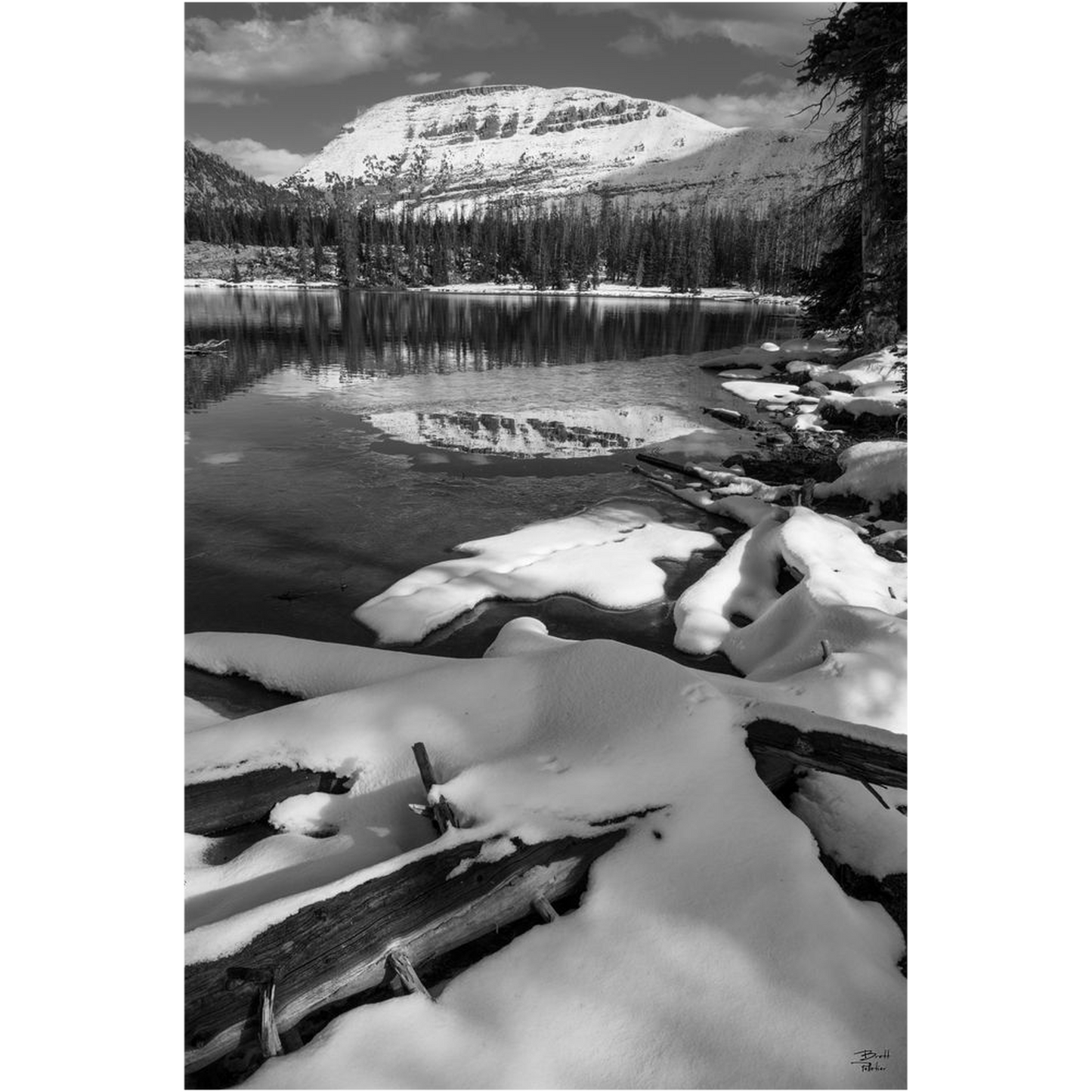 Bald Mountain Snow and Dancing Light Reflection - Uinta Mountains, Utah - bp0197bw - Photograph Print Poster Picture Photography Images