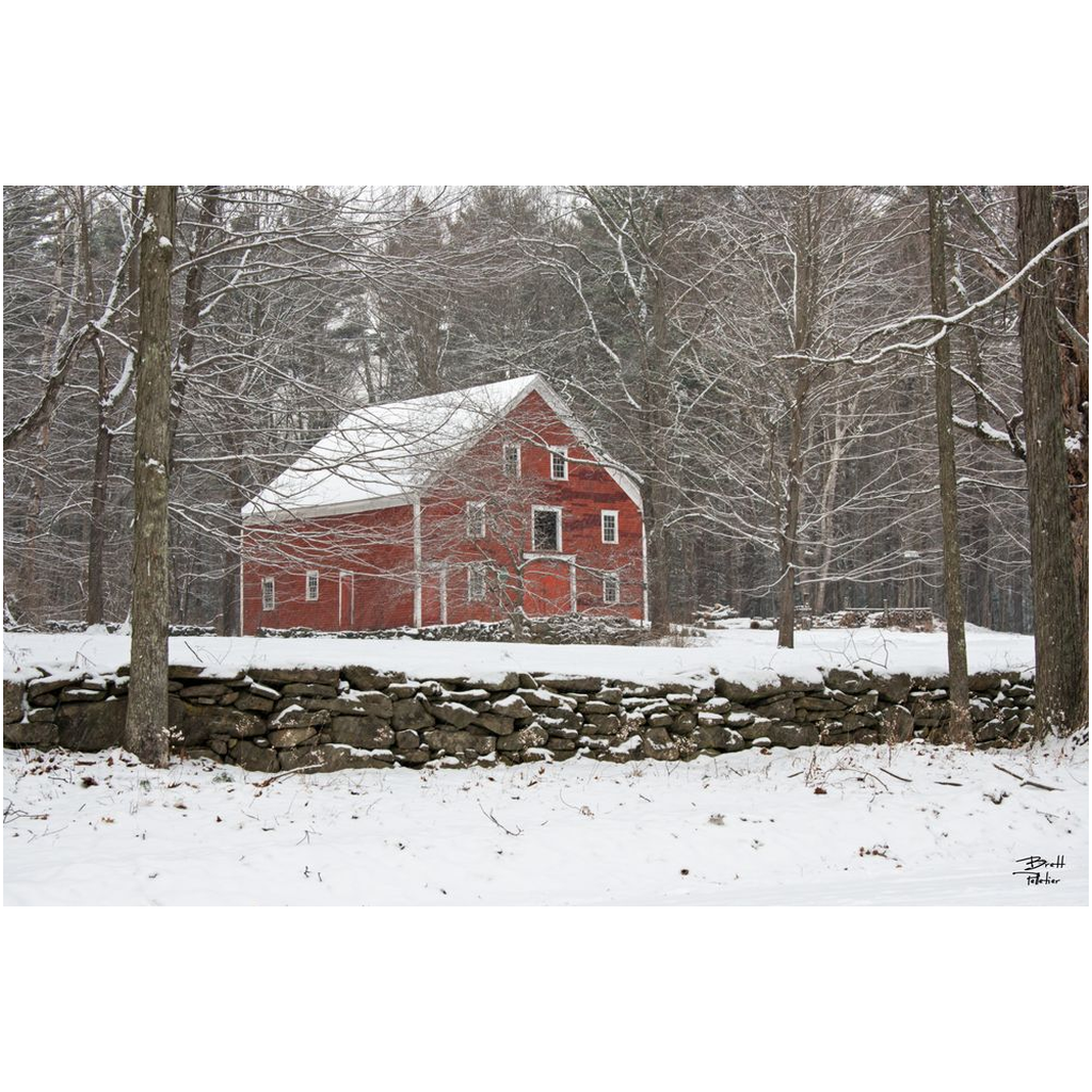 Red Barn and Rock Wall in Winter Snow - bp0072 - Photograph Print Poster Picture Landscape Wall Decor Photography Art Artist Images Camera