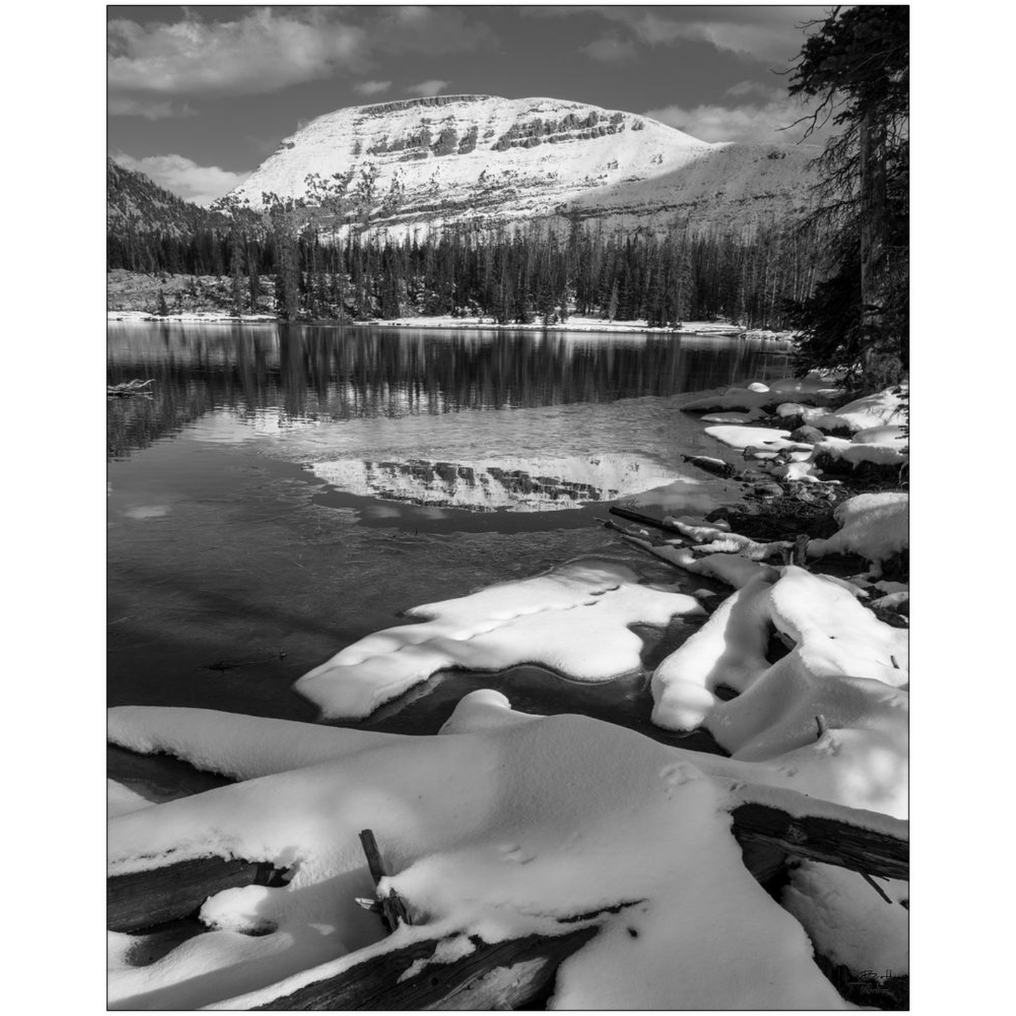 Bald Mountain Snow and Dancing Light Reflection - Uinta Mountains, Utah - bp0197bw - Photograph Print Poster Picture Photography Images