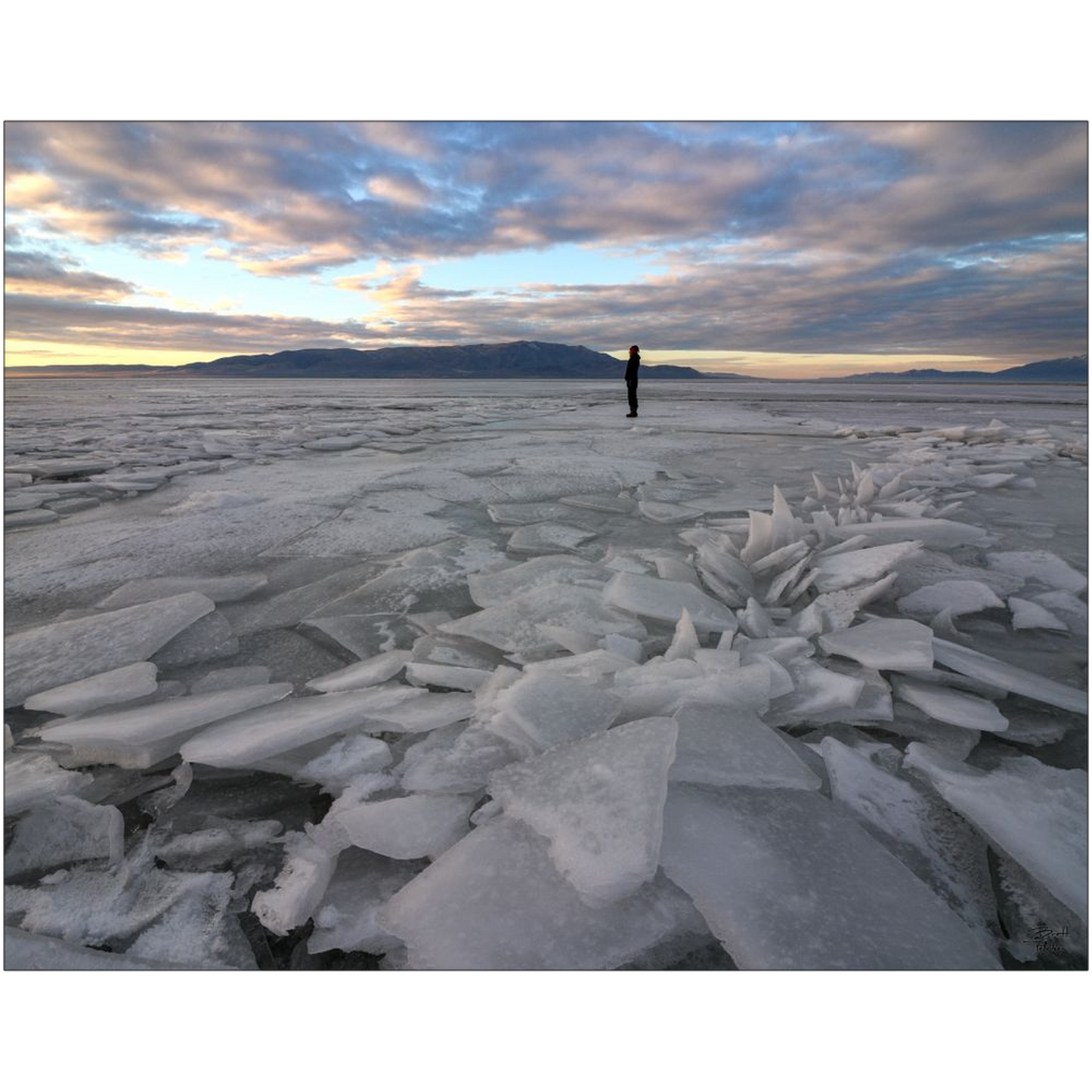 Ice Sheets Sunset and Hiker - Utah Lake - bp0171 - Photograph Print Poster Picture Photography Landscape Artist Art Images